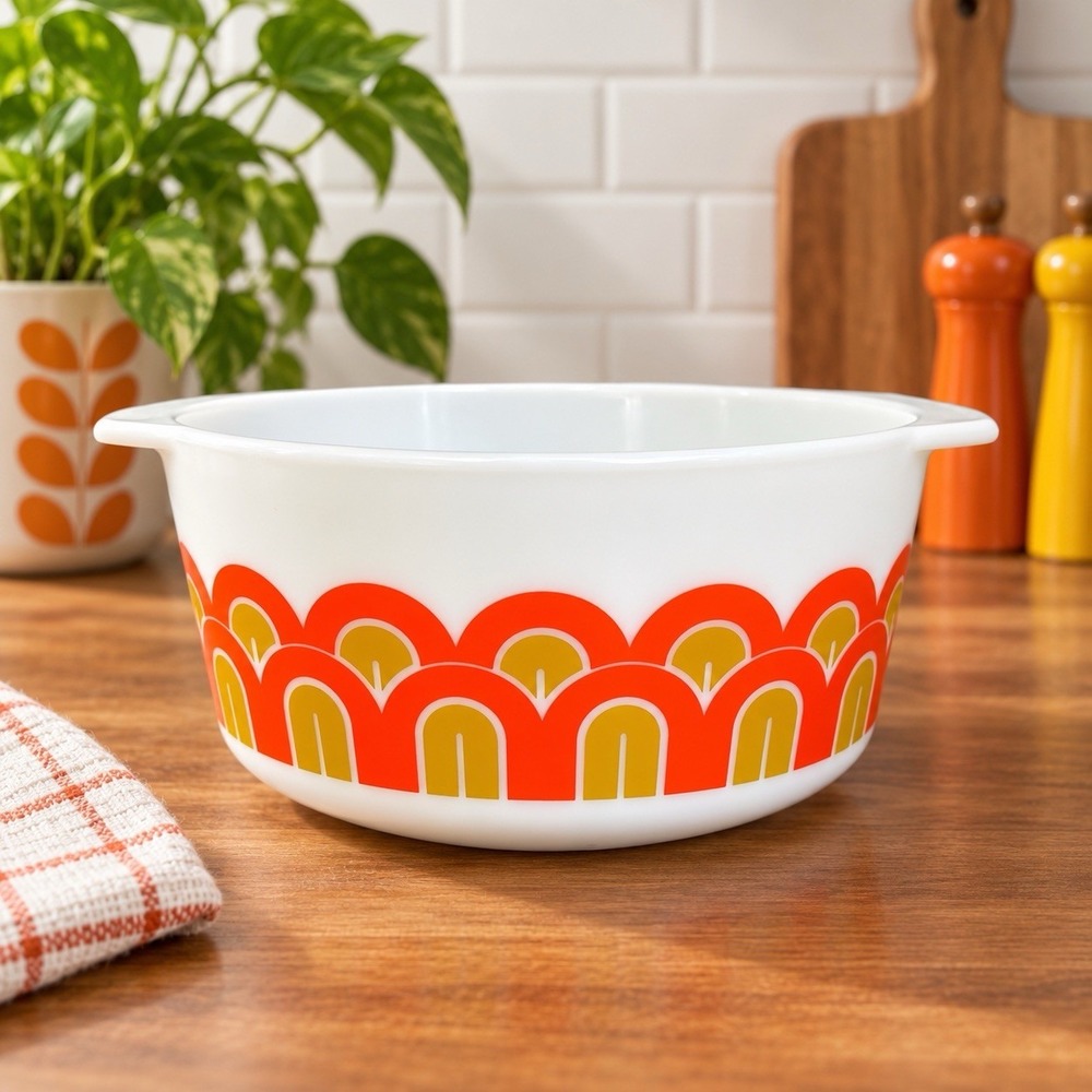 VTG Pyrex 344 3 Qt Arches Fish Scales Casserole Bowl Orange Gold MCM 1970s EUC